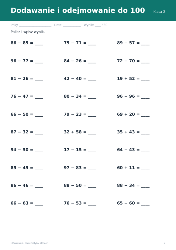 Karty pracy z matematyki, klasa 2