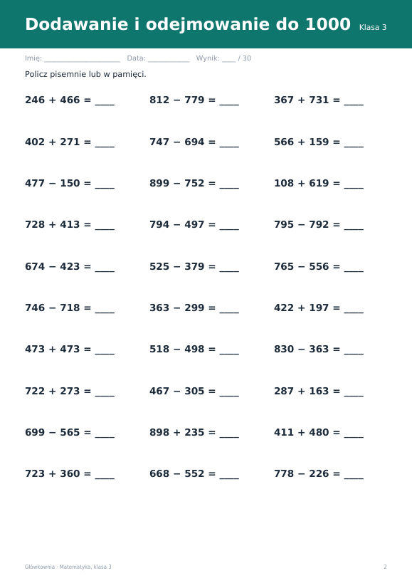 Karty pracy z matematyki, klasa 3