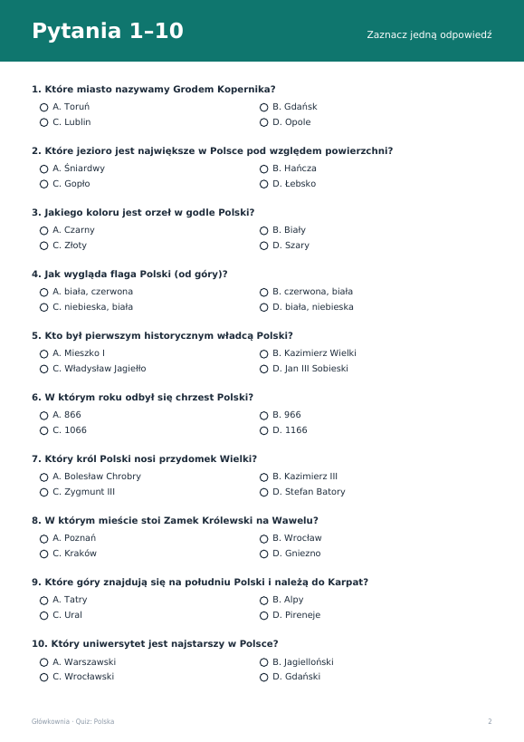Quiz wiedzy: Polska