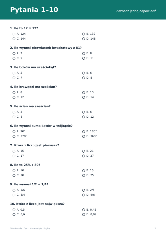Quiz wiedzy: Matematyka i logika