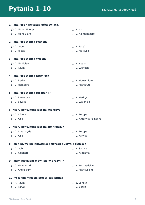 Quiz wiedzy: Świat